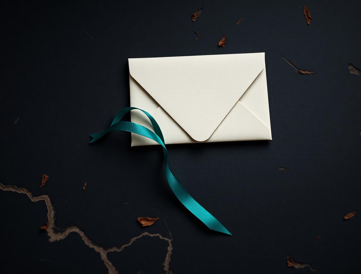 Renoma gift card envelope with a teal ribbon